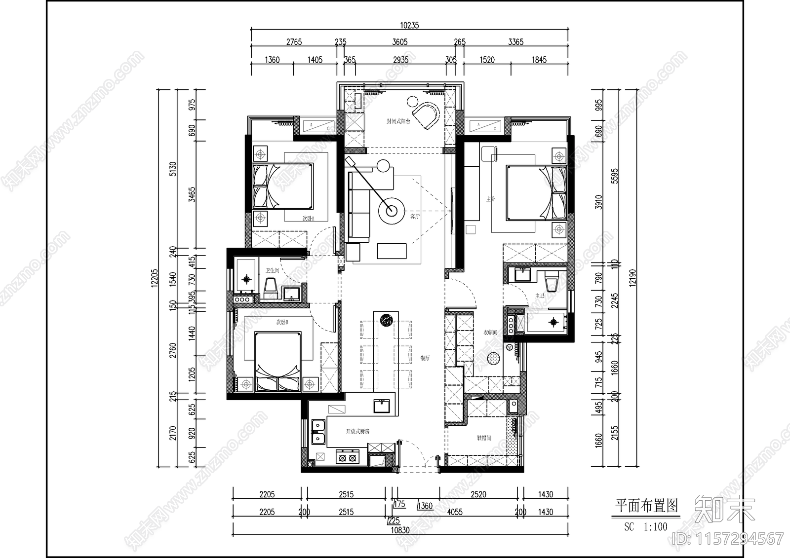 现代极简大平层室内设计图cad施工图下载【ID:1157294567】