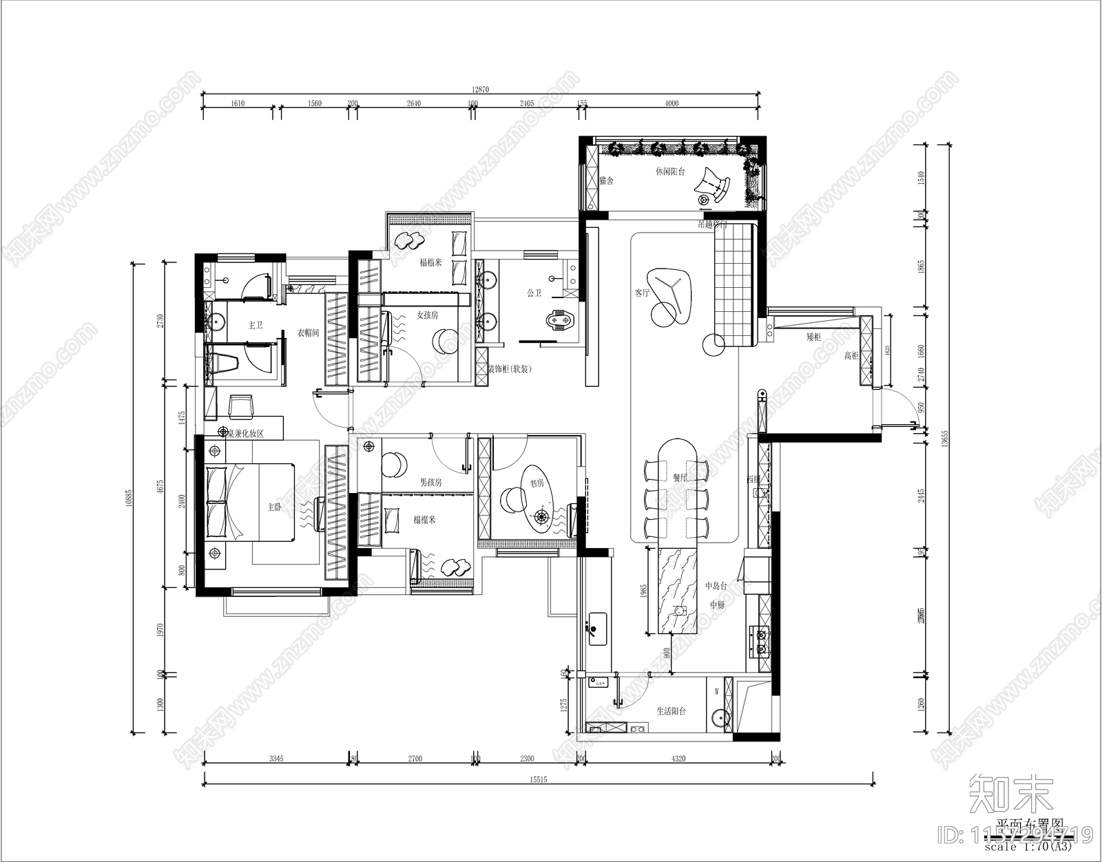 现代极简大平层室内设计图cad施工图下载【ID:1157294719】