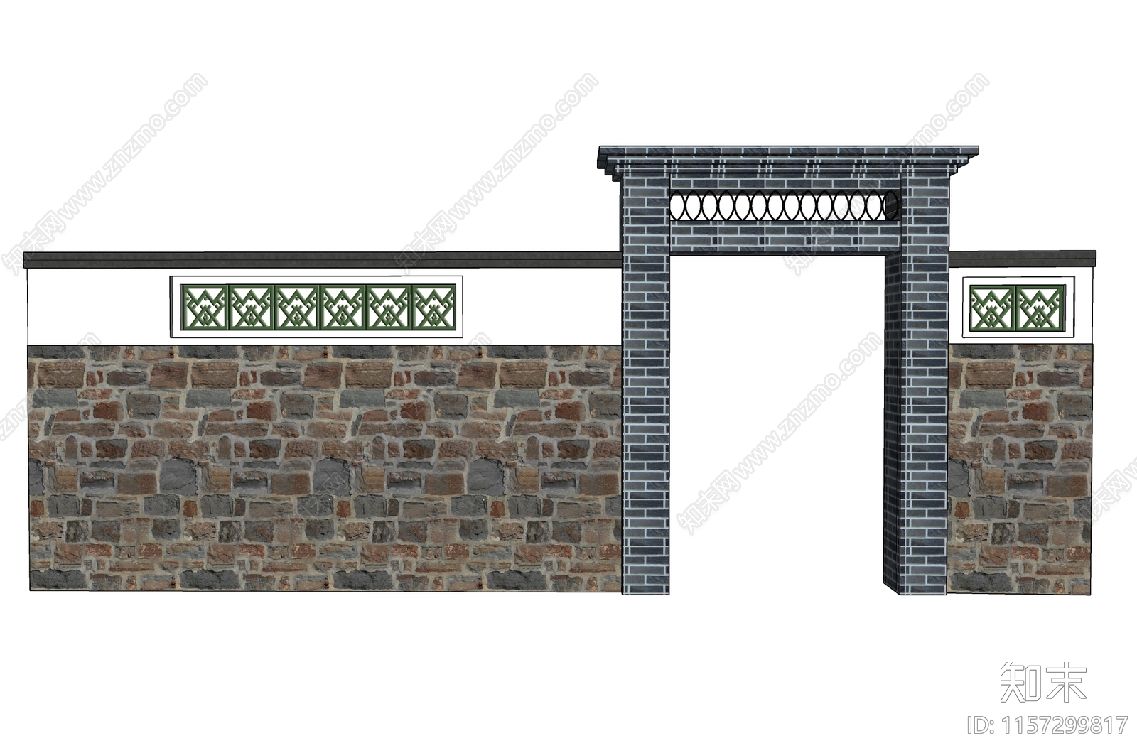 新中式海南民居大门围墙SU模型下载【ID:1157299817】