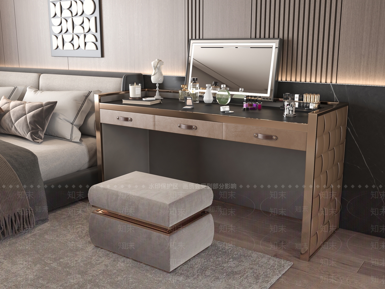 现代妆台妆凳组合3D模型下载【ID:1157303566】