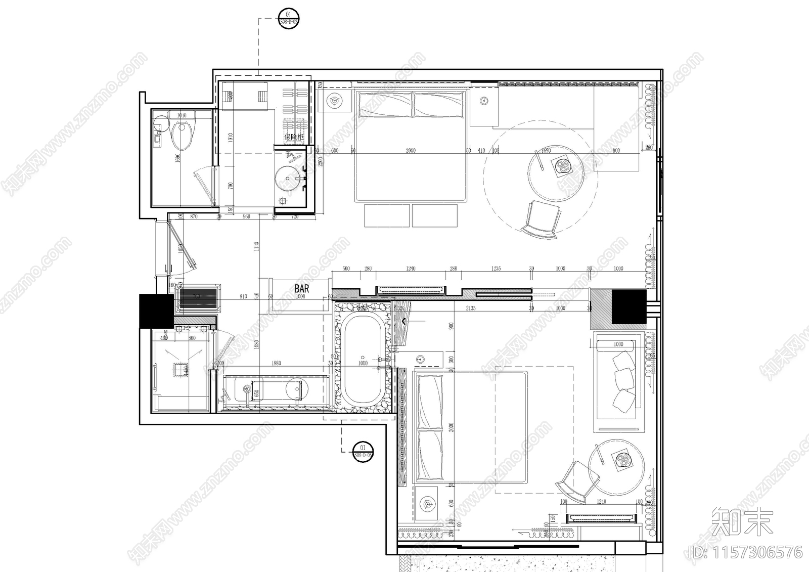 民宿现代客房套cad施工图下载【ID:1157306576】