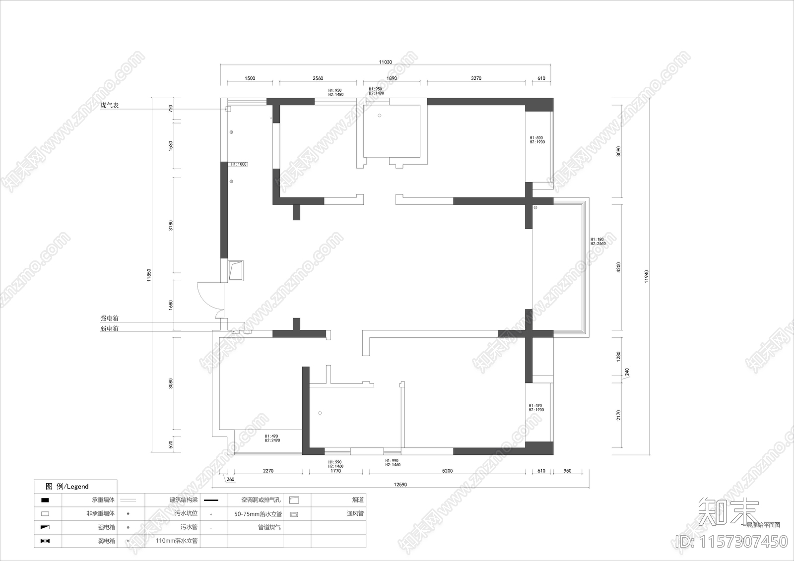 现代简约套四双卫大平层家装住cad施工图下载【ID:1157307450】