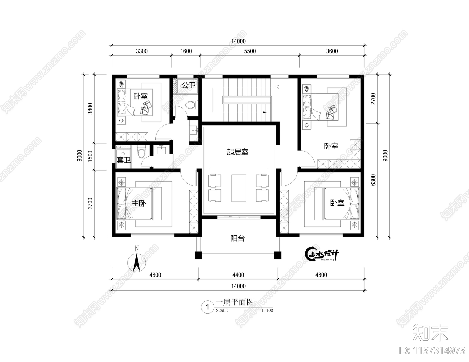 面宽14米进深9米二层自建房施工图下载【ID:1157314975】