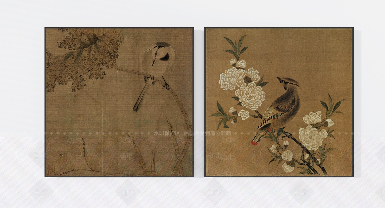 中式传统鹡鸰荷叶图桃花山鸟图花鸟挂画3D模型下载【ID:1157325977】