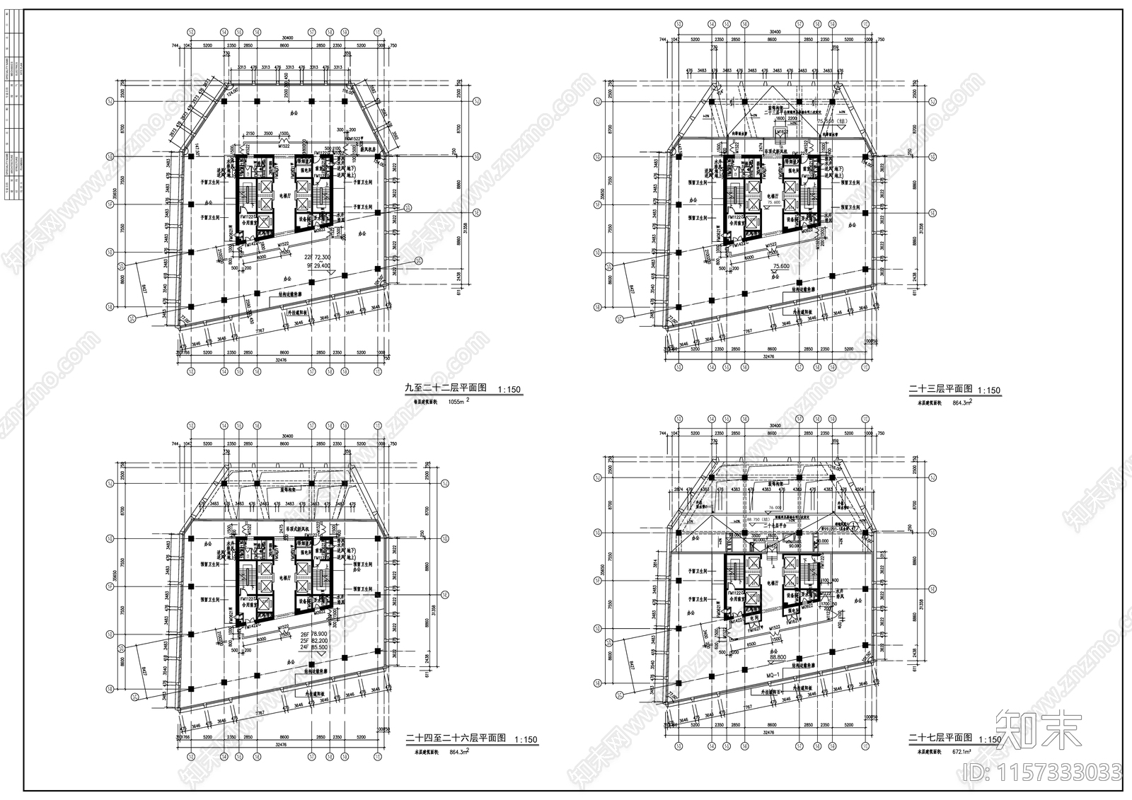 29层高层现代风格办公建筑方案图cad施工图下载【ID:1157333033】