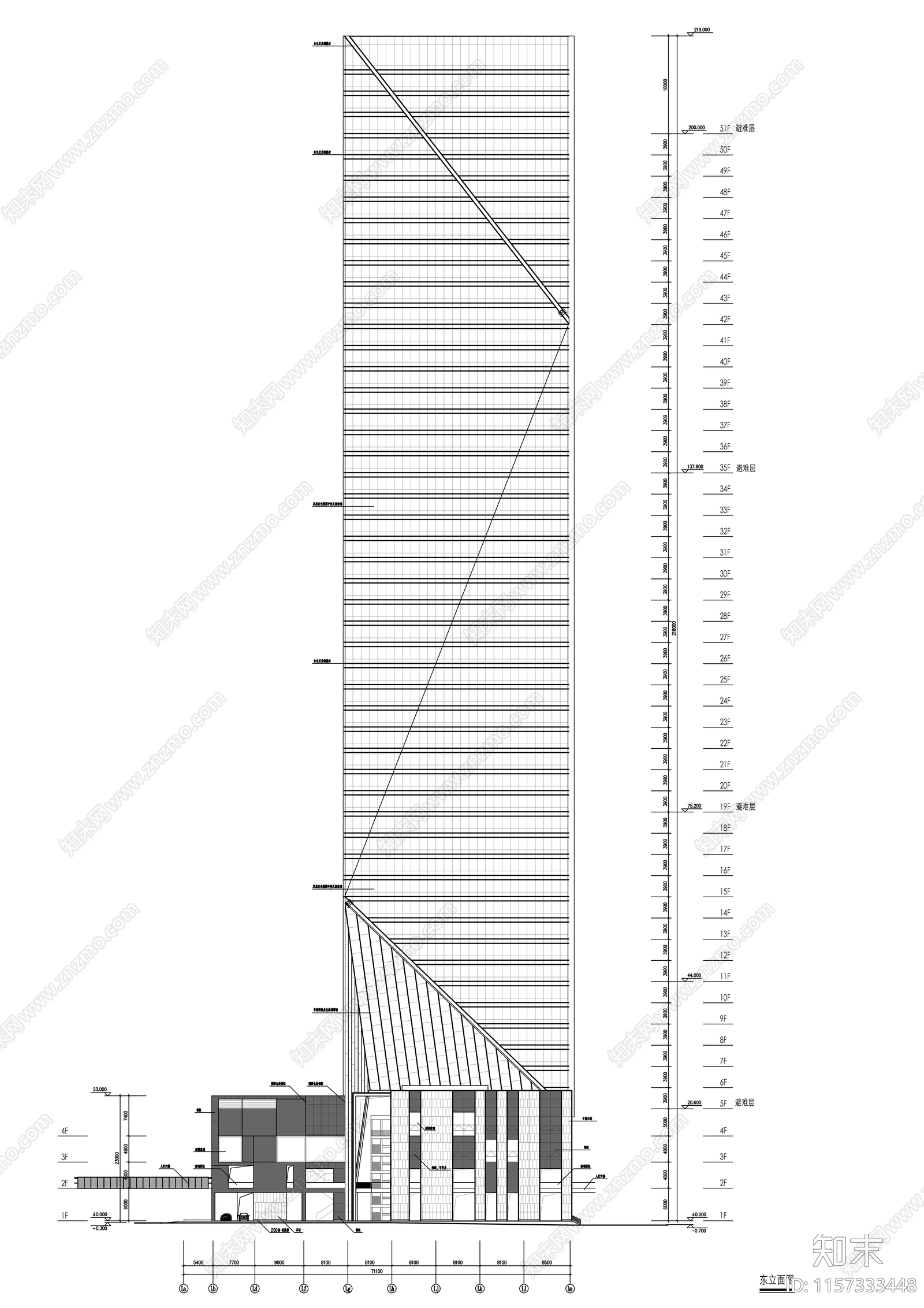 53层超高层玻璃幕墙企业办公楼cad施工图下载【ID:1157333448】