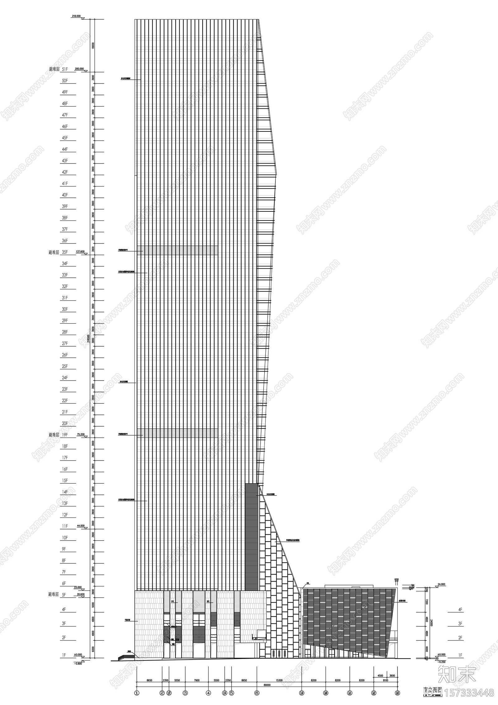 53层超高层玻璃幕墙企业办公楼cad施工图下载【ID:1157333448】