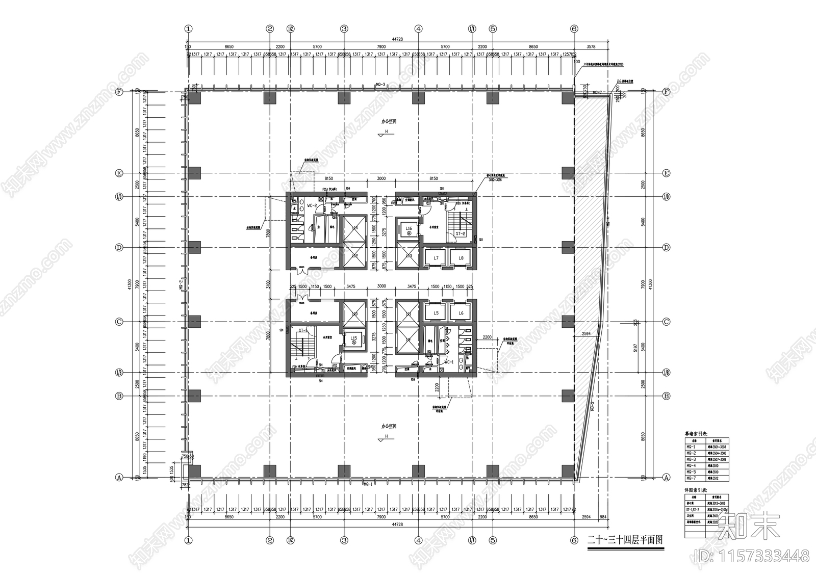 53层超高层玻璃幕墙企业办公楼cad施工图下载【ID:1157333448】