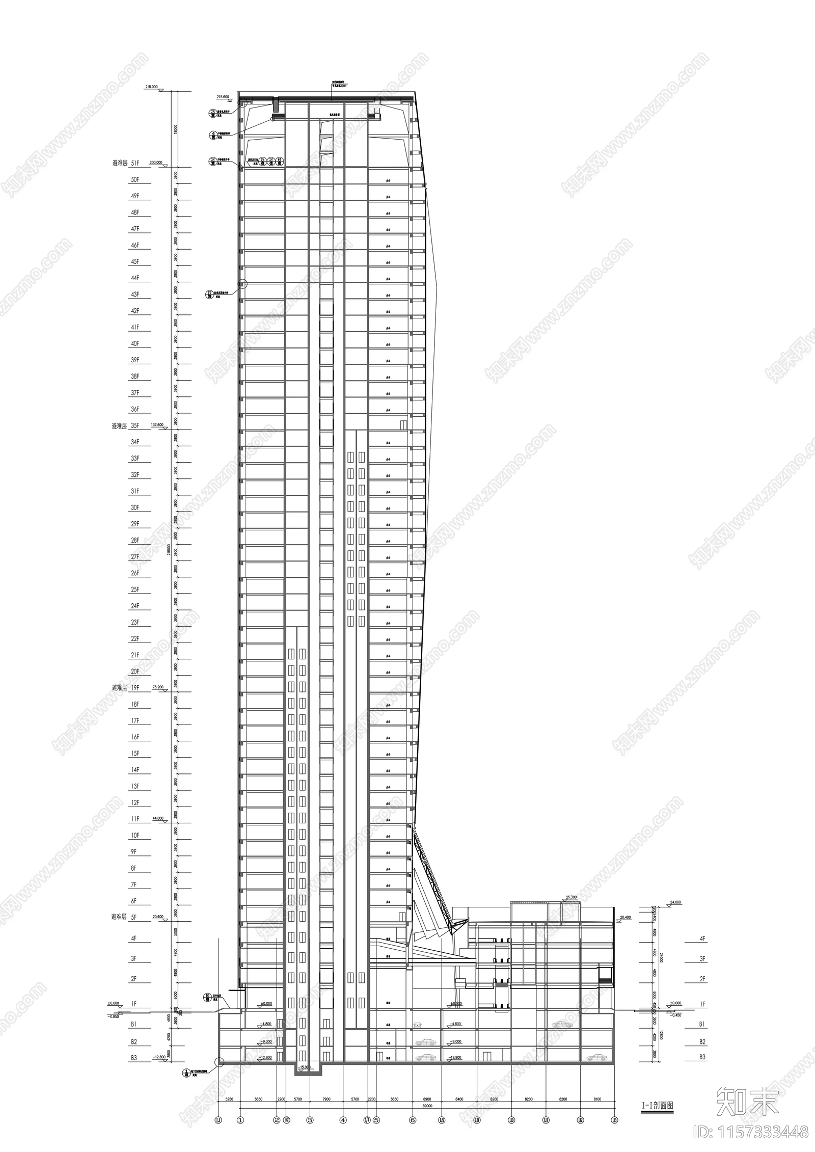 53层超高层玻璃幕墙企业办公楼cad施工图下载【ID:1157333448】