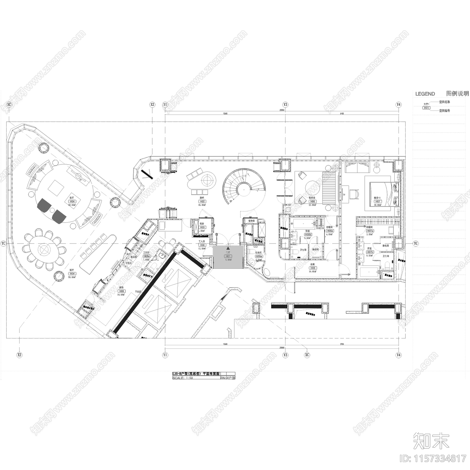 意式轻奢北京通盈中心三里屯一号H户型复式室内家装cad施工图下载【ID:1157334817】
