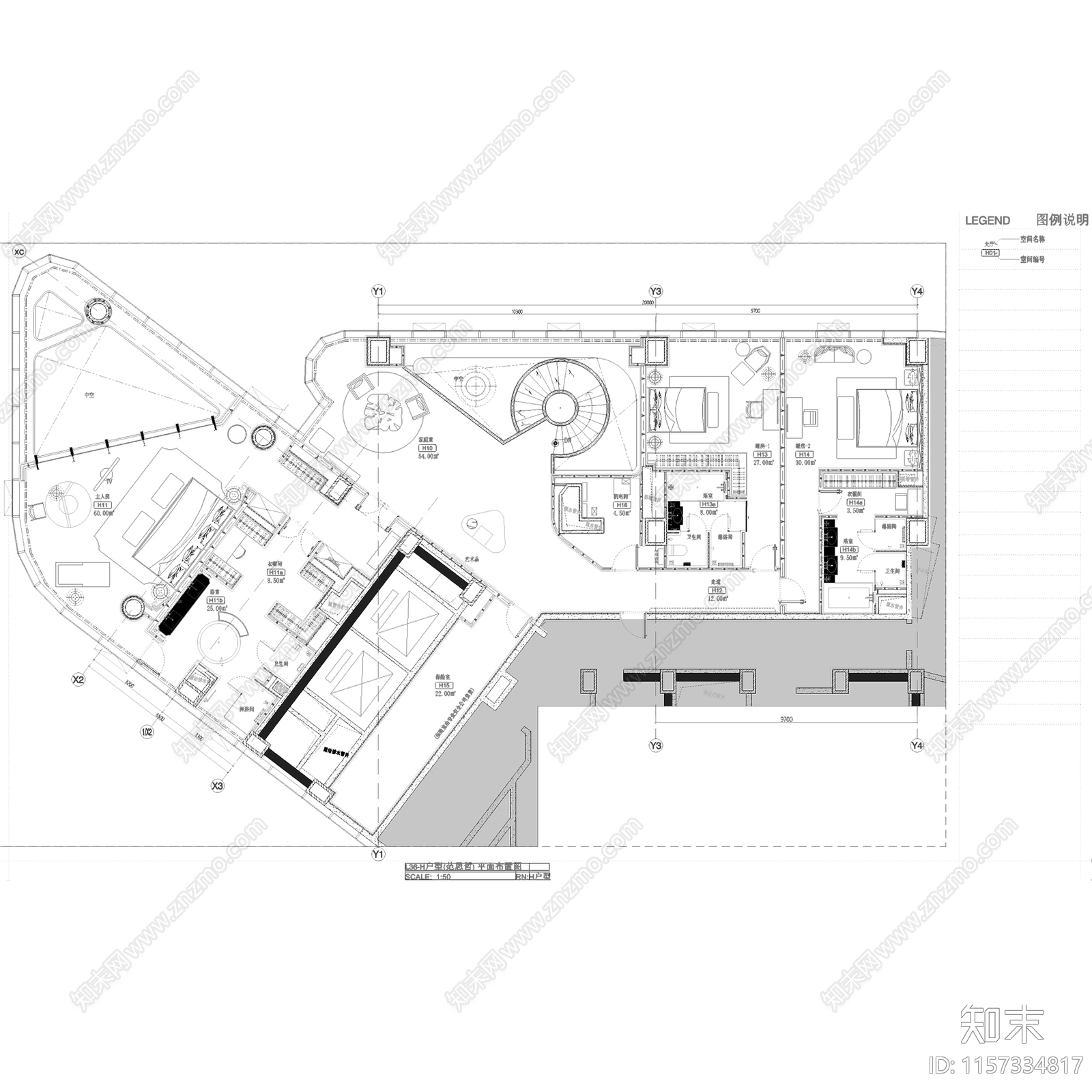 意式轻奢北京通盈中心三里屯一号H户型复式室内家装cad施工图下载【ID:1157334817】