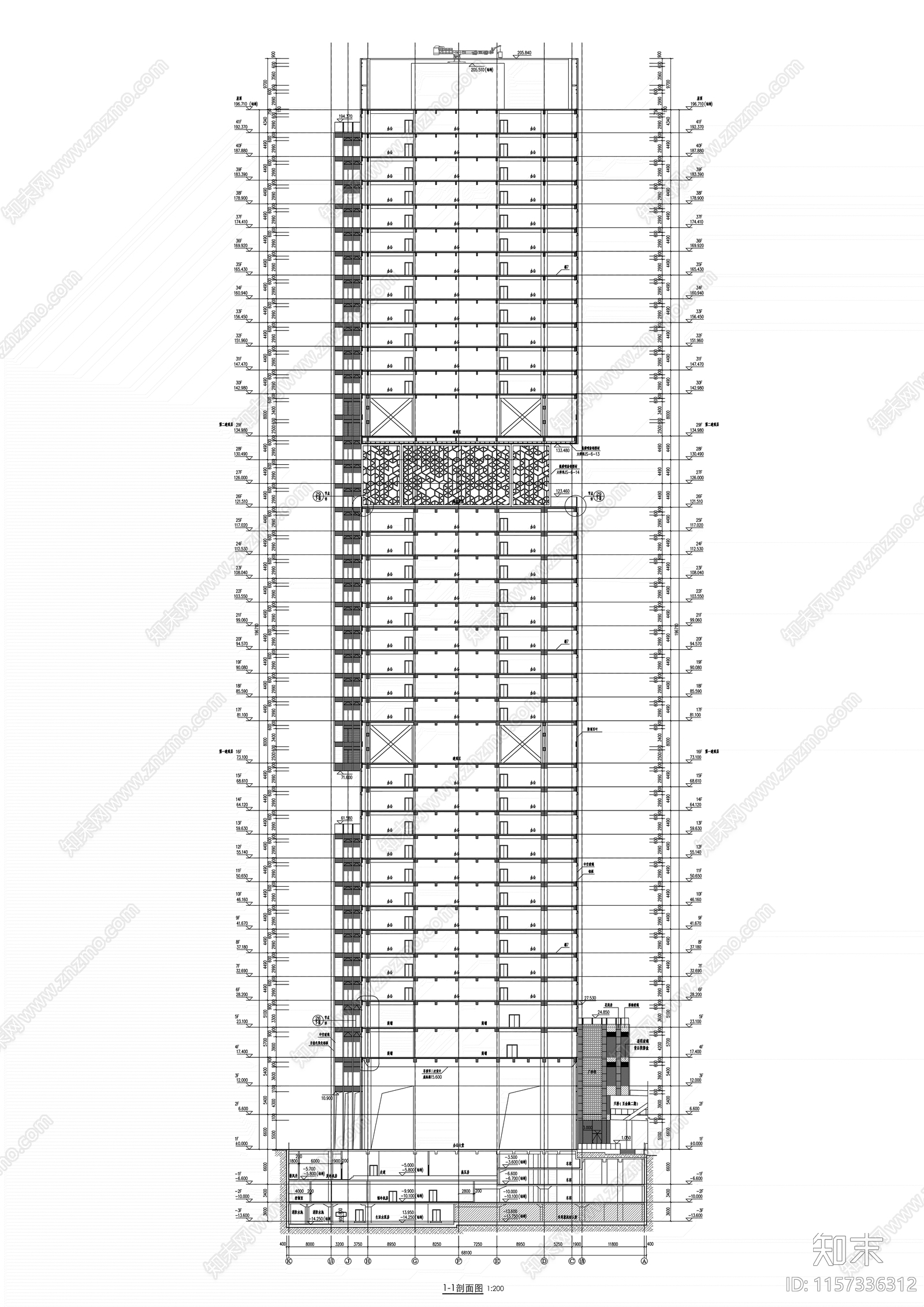 超高层现代风格知名企业办公楼建筑设计cad施工图下载【ID:1157336312】