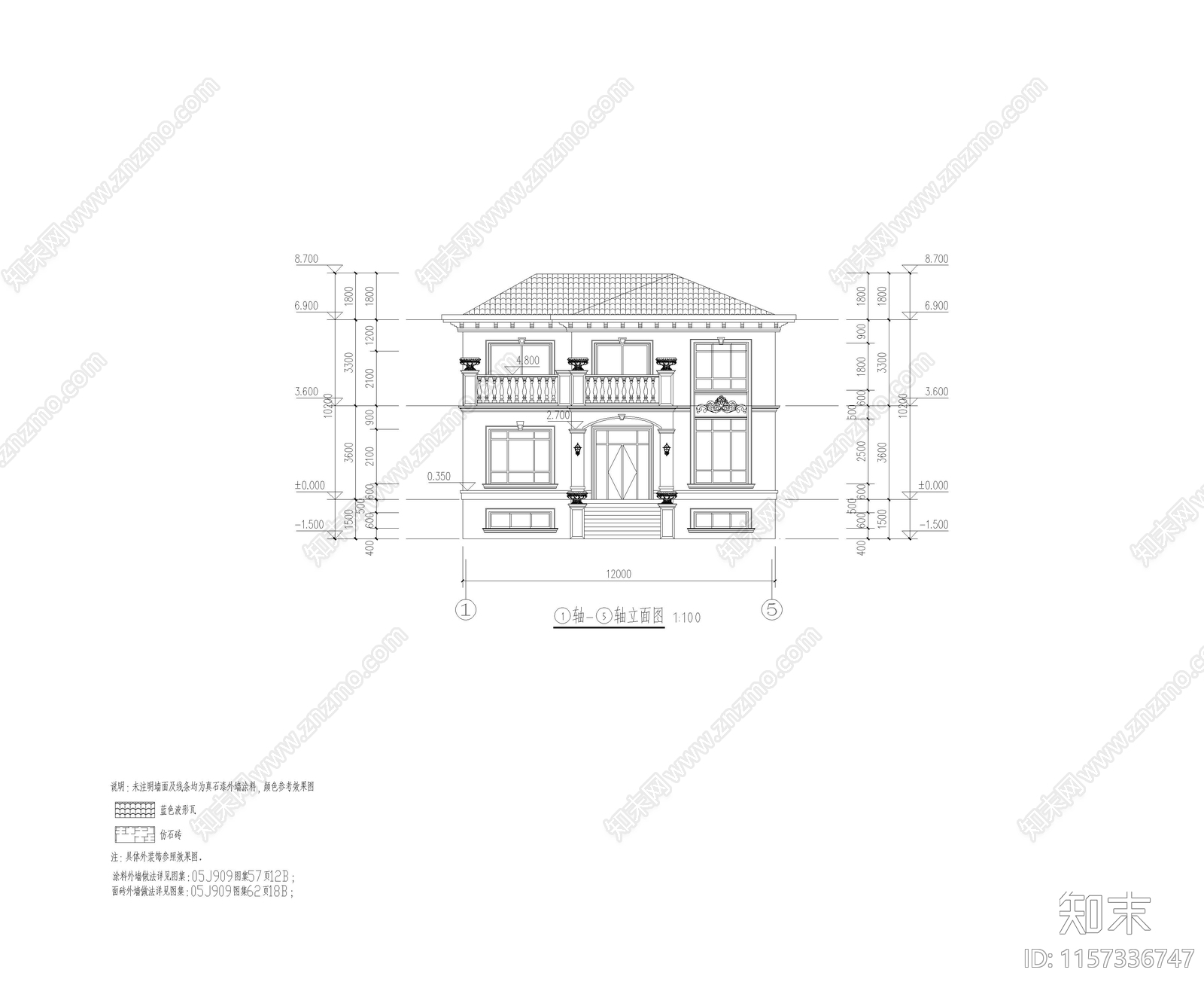 二层半欧式别墅施工图下载【ID:1157336747】