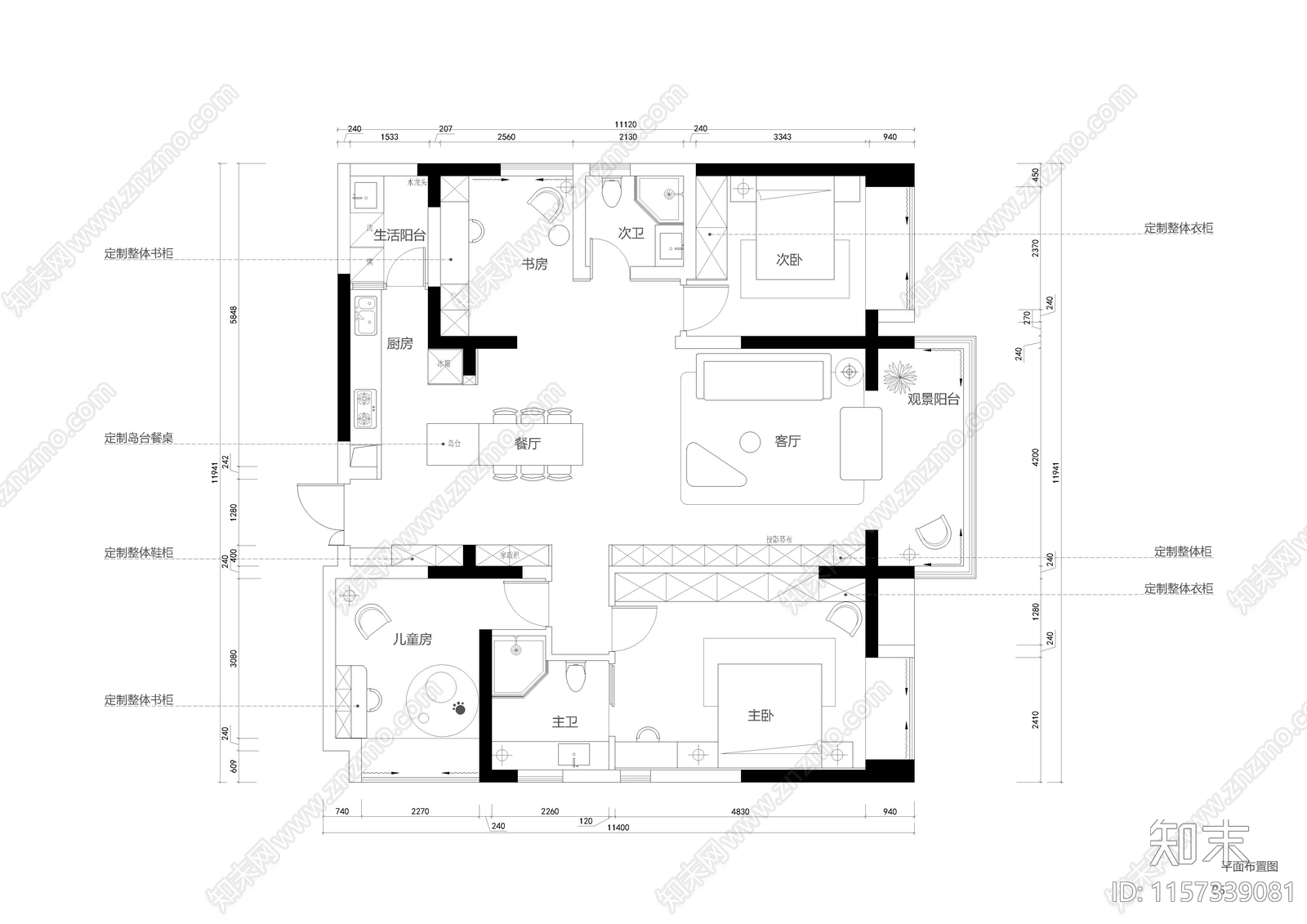 现代简约套四双卫大平层家装住cad施工图下载【ID:1157339081】