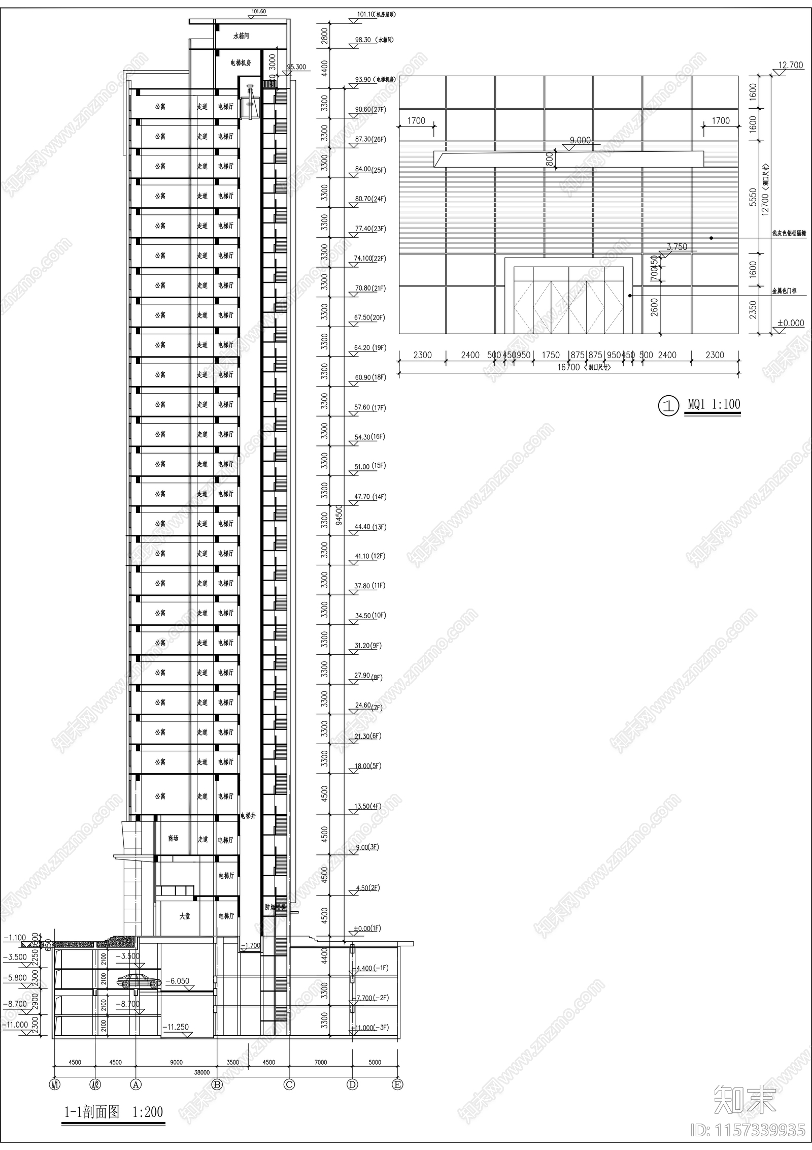 二十七层办公楼建筑cad施工图下载【ID:1157339935】