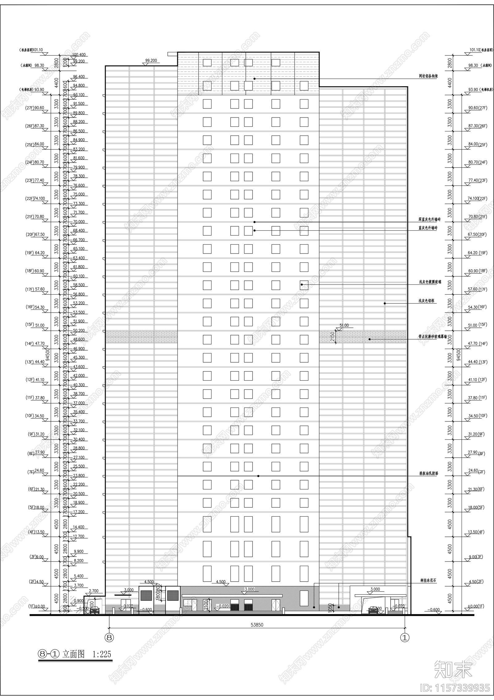 二十七层办公楼建筑cad施工图下载【ID:1157339935】