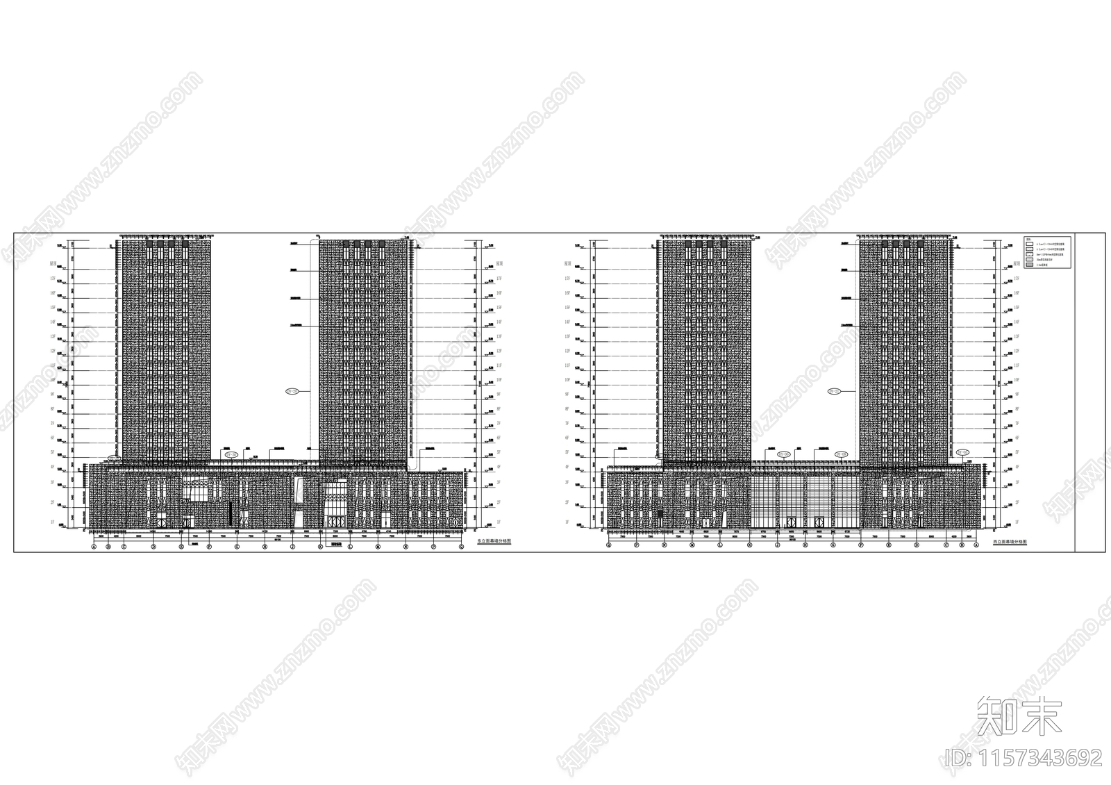 高层双子塔式框架剪力墙结构商务楼幕cad施工图下载【ID:1157343692】