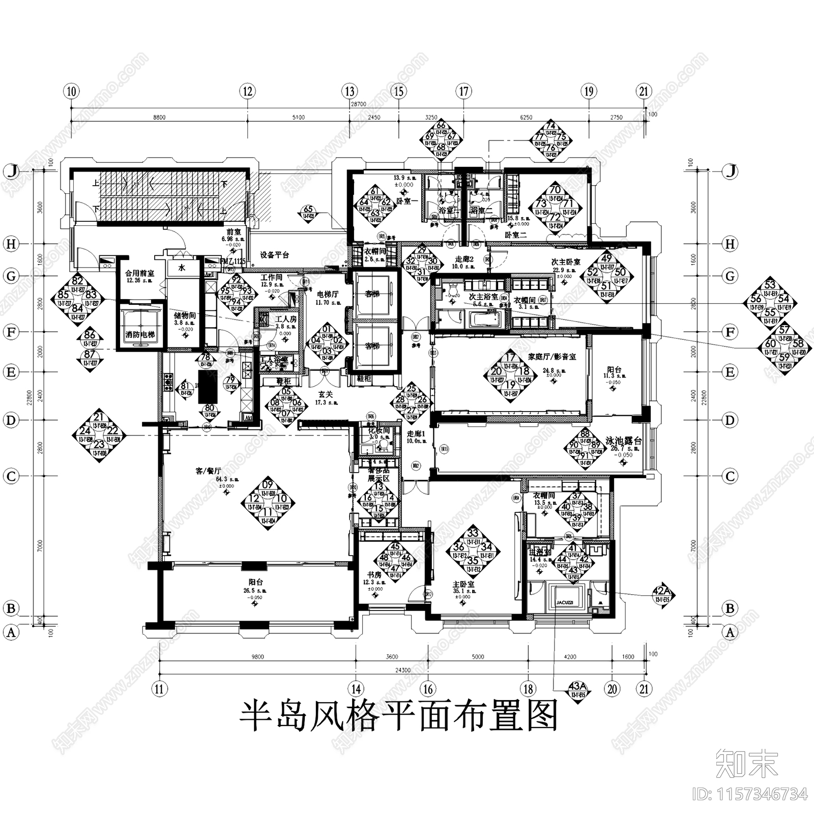 北欧半岛风江西洲悦大平层样板房室内家装cad施工图下载【ID:1157346734】