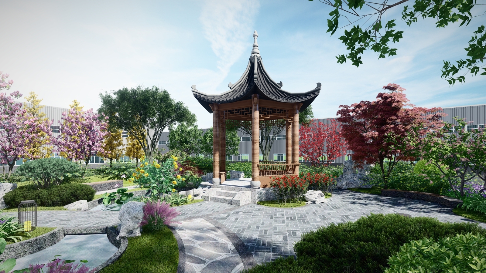 新中式工厂景观SU模型下载【ID:1157349215】