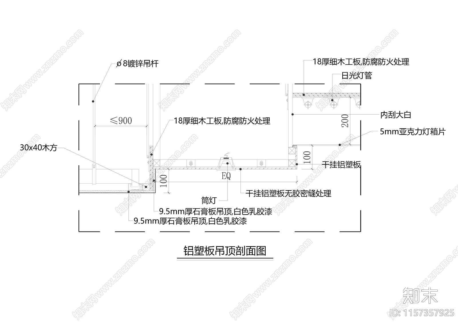 铝塑板吊顶与灯箱节点大样cad施工图下载【ID:1157357925】