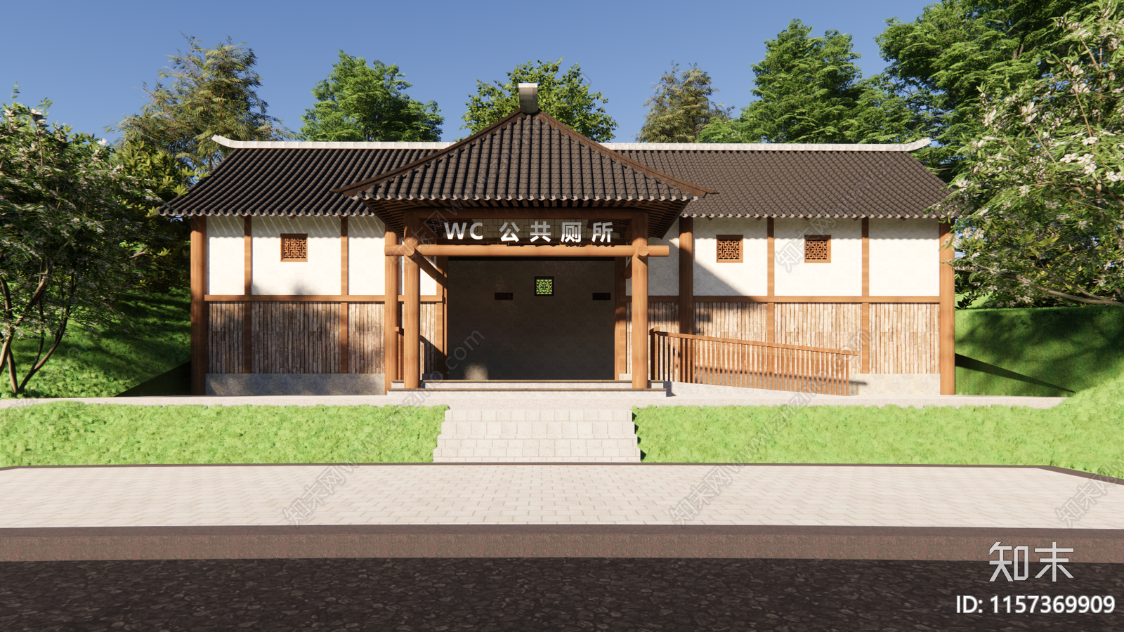 新中式川西建筑风格公共厕所SU模型下载【ID:1157369909】