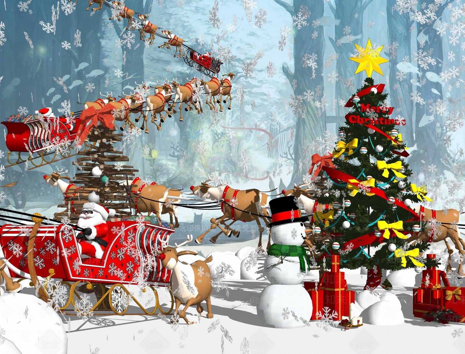 现代圣诞节主题圣诞老人雕塑小品SU模型下载【ID:1157370682】