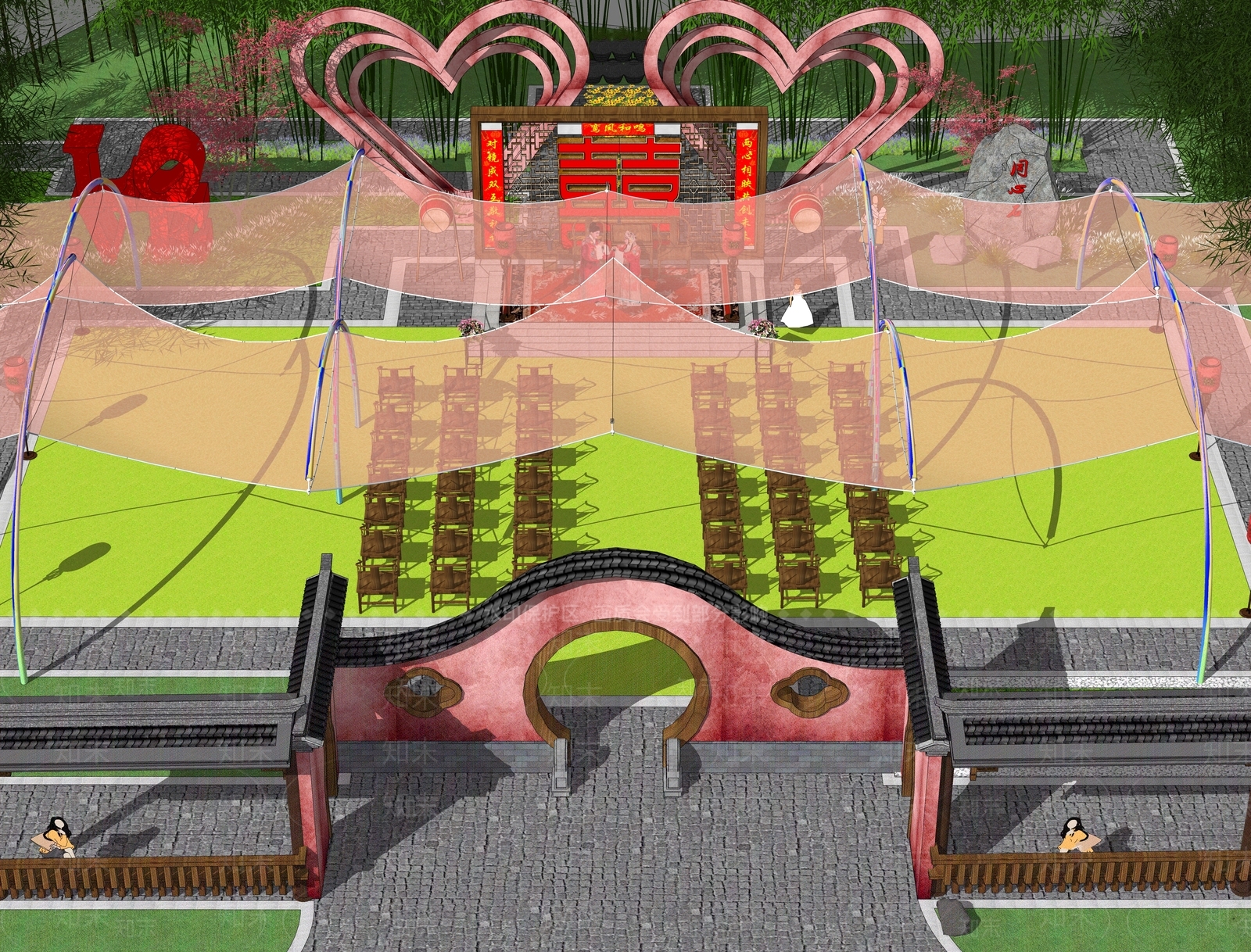 中式室外婚礼公园场景SU模型下载【ID:1157371793】