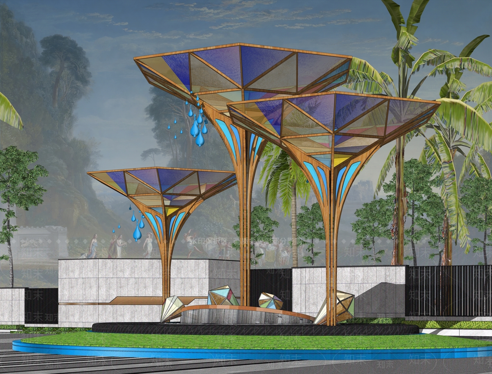 现代钻石几何造型伞状廊架商业广场构筑物SU模型下载【ID:1157372144】