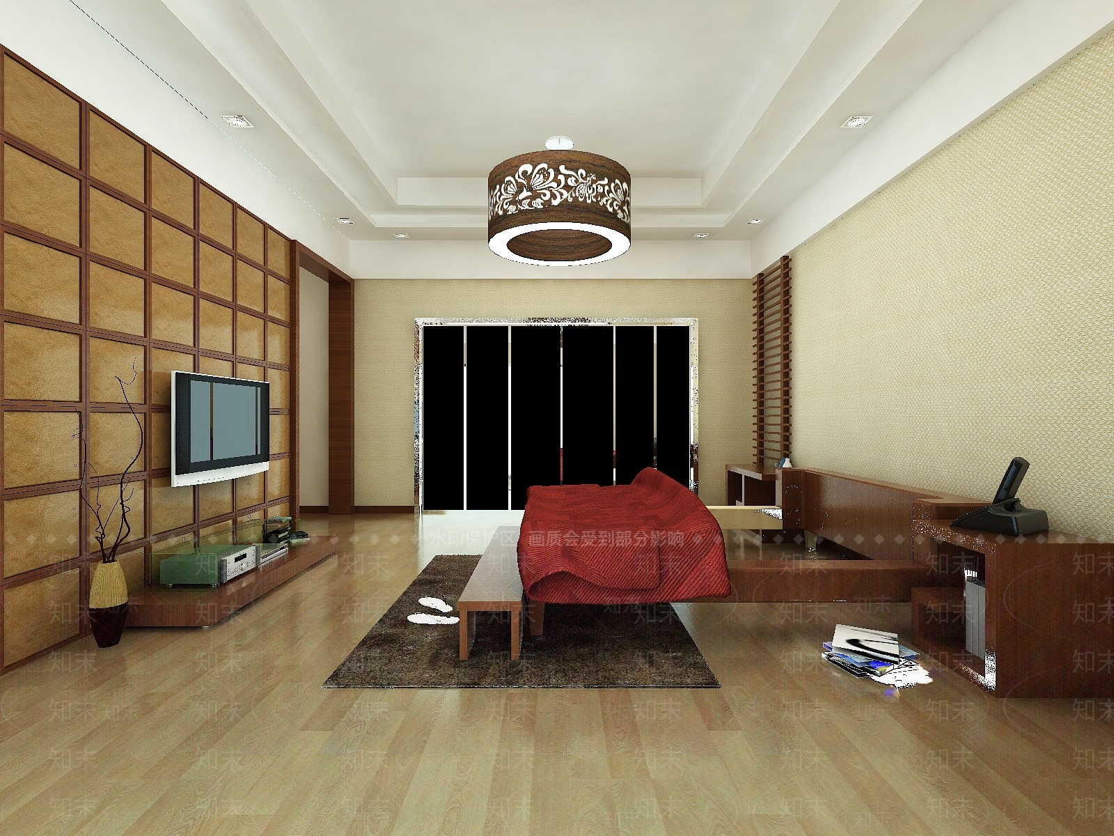 现代中式卧室效果图3D模型下载【ID:1157386587】