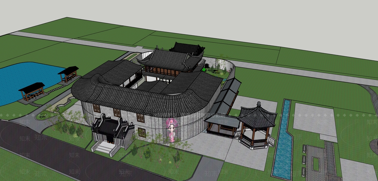中式展览馆SU模型下载【ID:1157389220】
