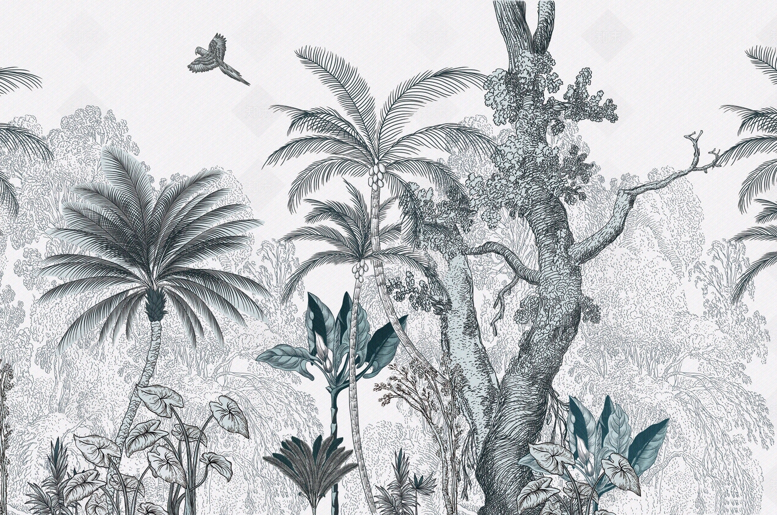 欧式壁布壁画装饰画植物线描热带雨林贴图下载【ID:1157389820】