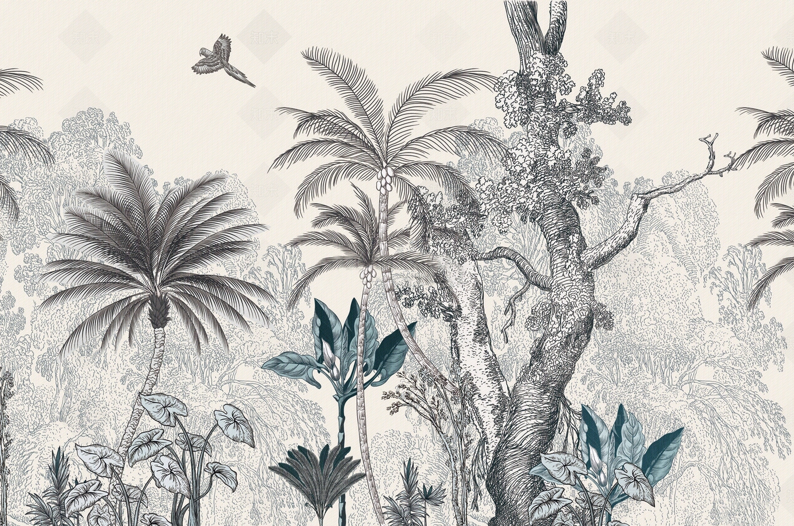 欧式壁布壁画装饰画植物线彩色描热带雨林贴图下载【ID:1157389816】