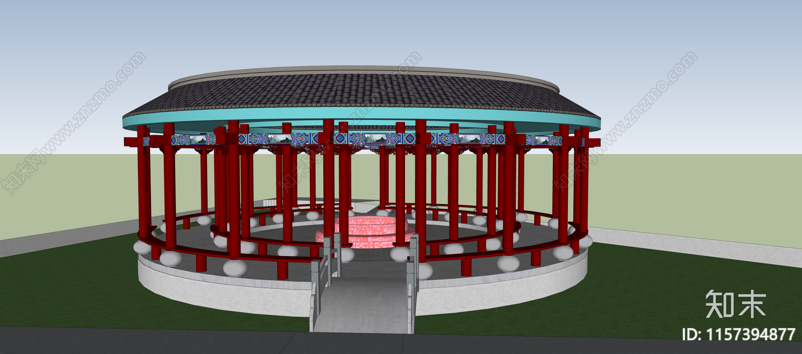 中式古建筑圆廊SU模型下载【ID:1157394877】