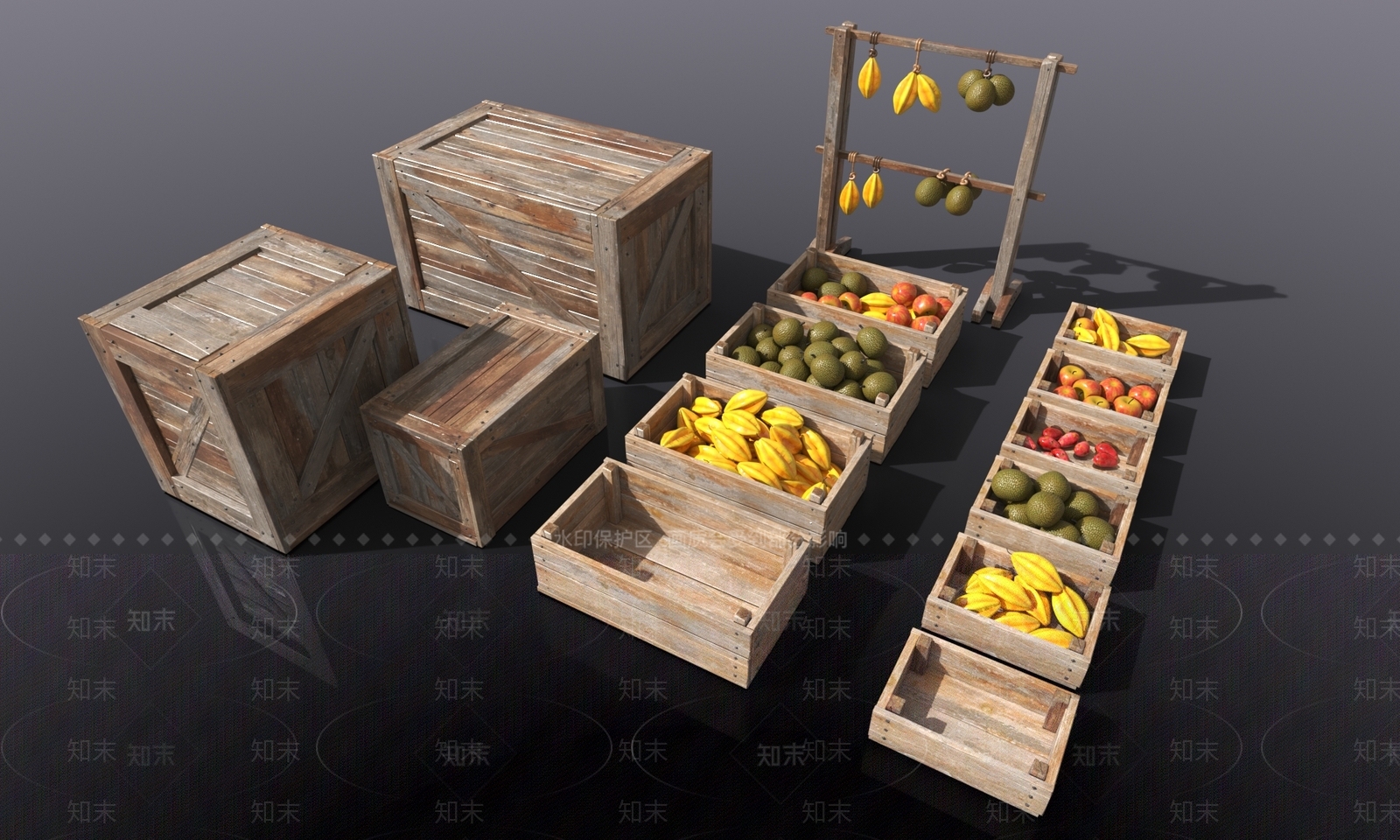 现代水果批发摊木包装箱水果架子木箱子3D模型下载【ID:1157397118】
