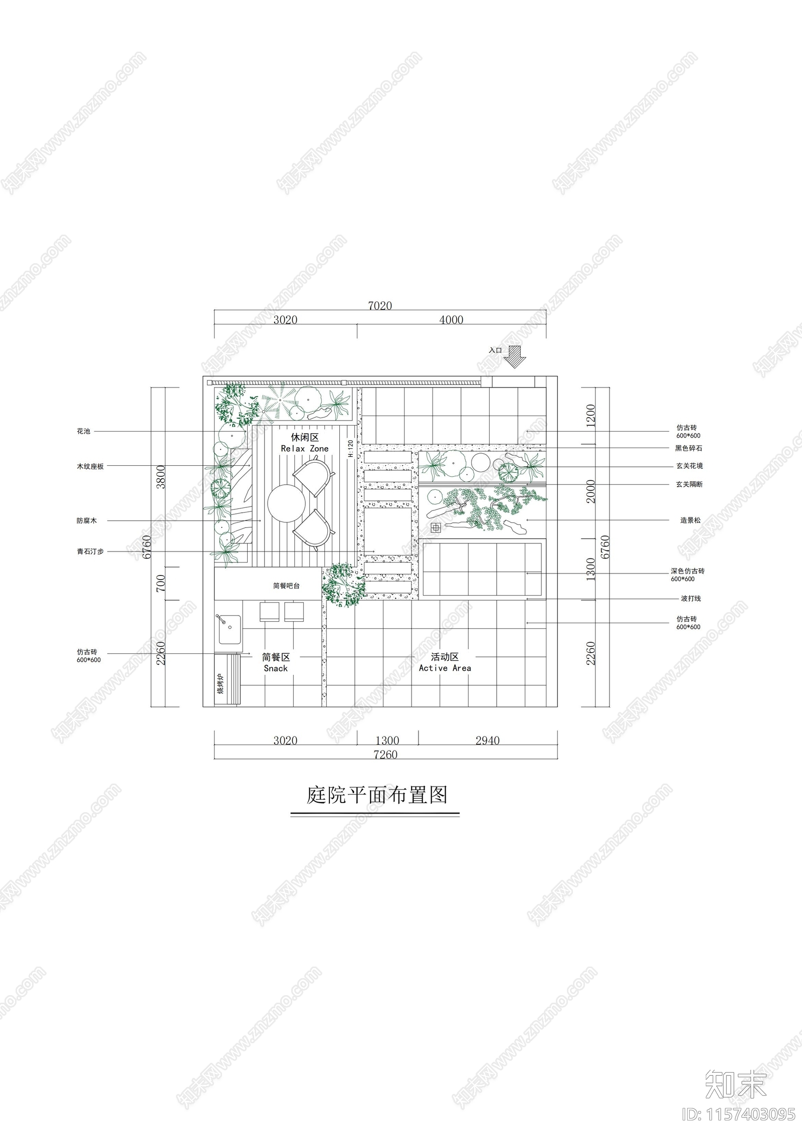 60平家装别墅庭院复古小院平面规划设计图cad施工图下载【ID:1157403095】