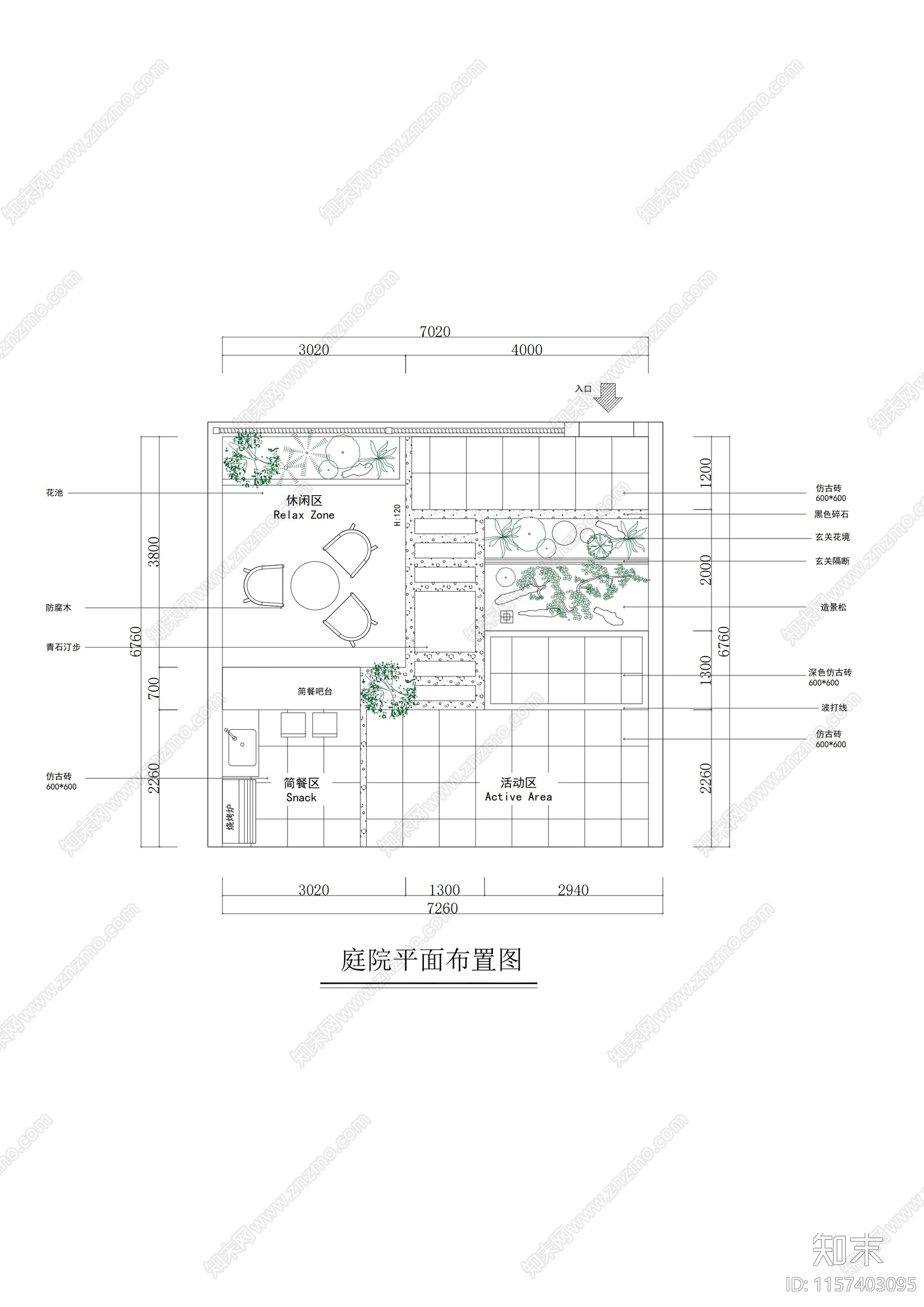 60平家装别墅庭院复古小院平面规划设计图cad施工图下载【ID:1157403095】