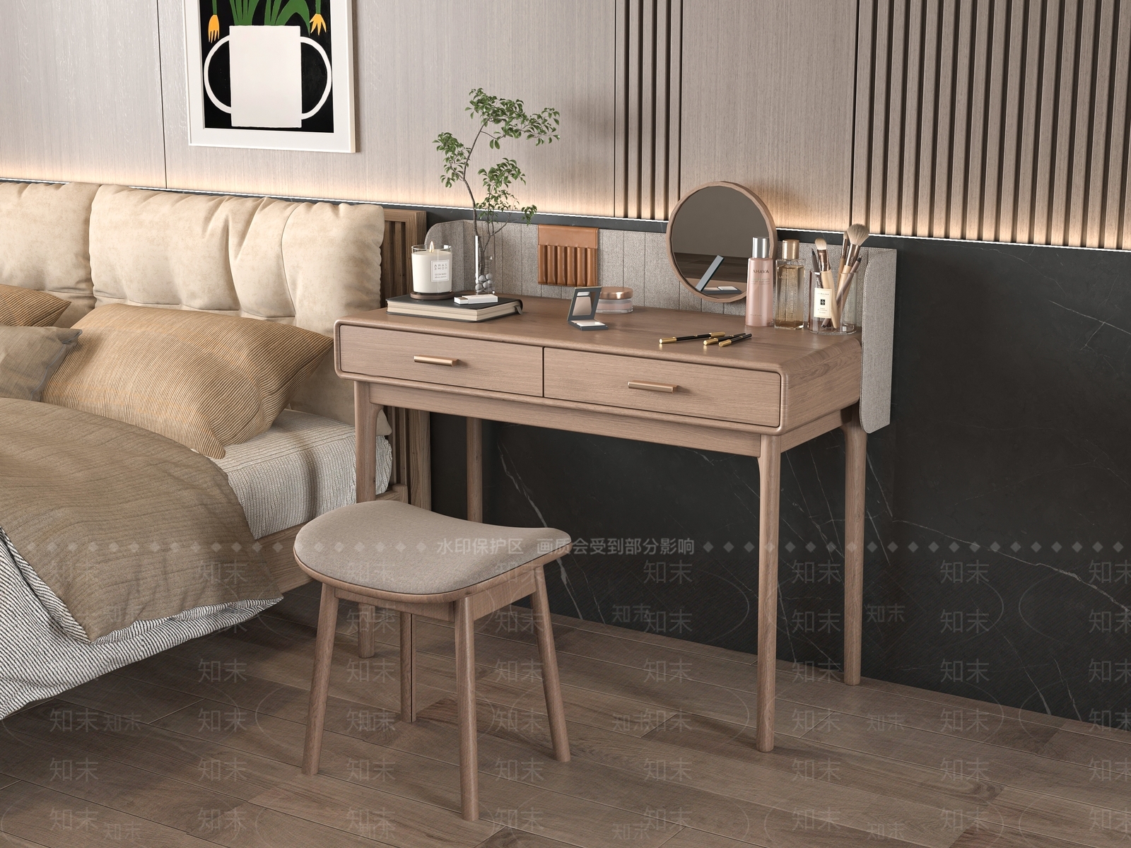 北欧妆台妆凳组合3D模型下载【ID:1157403821】