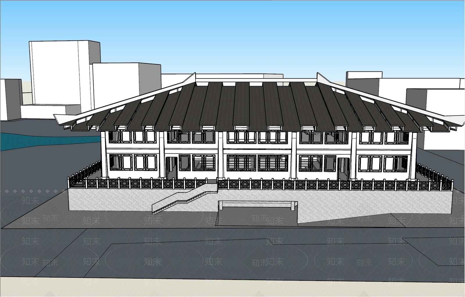中式国学馆仿古建筑SU模型下载【ID:1157408565】