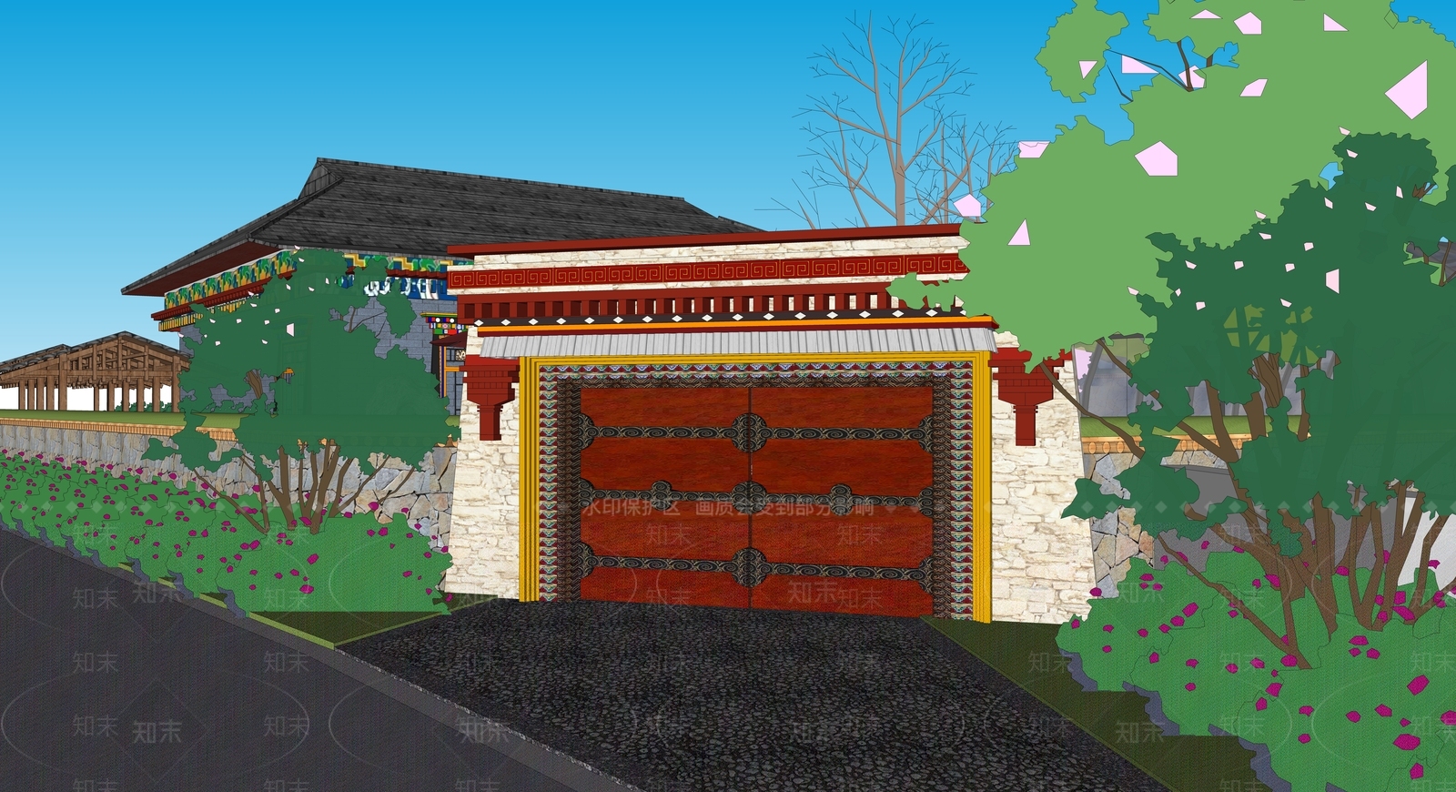 中式西藏拉月温泉村乡村庭院改造SU模型下载【ID:1157409997】