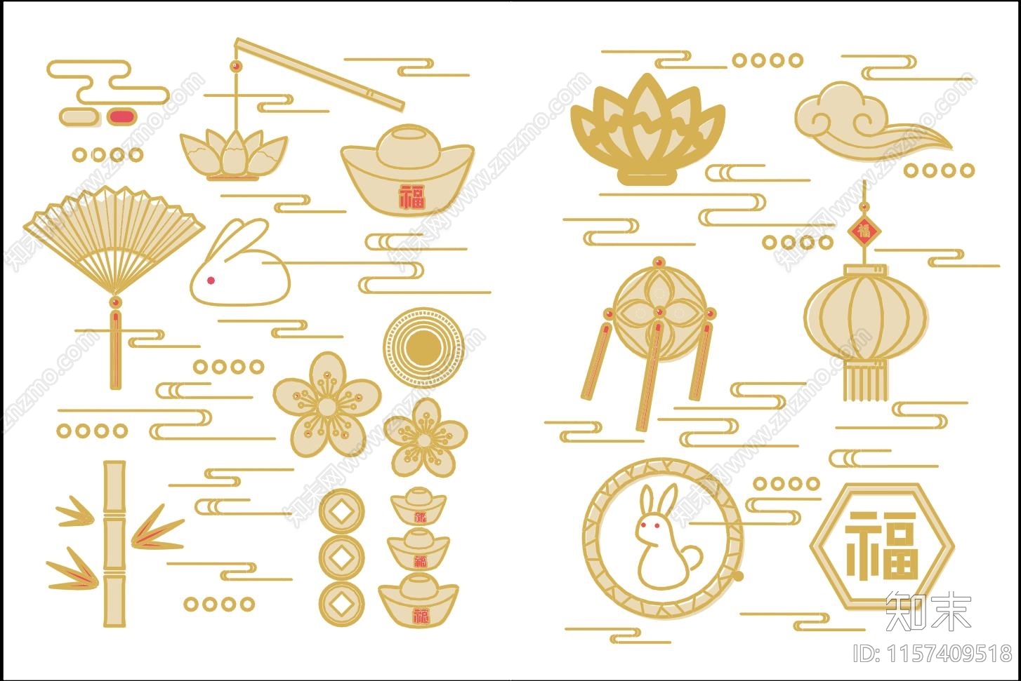 新中式莲花竹子元宝祥云福字兔子施工图下载【ID:1157409518】