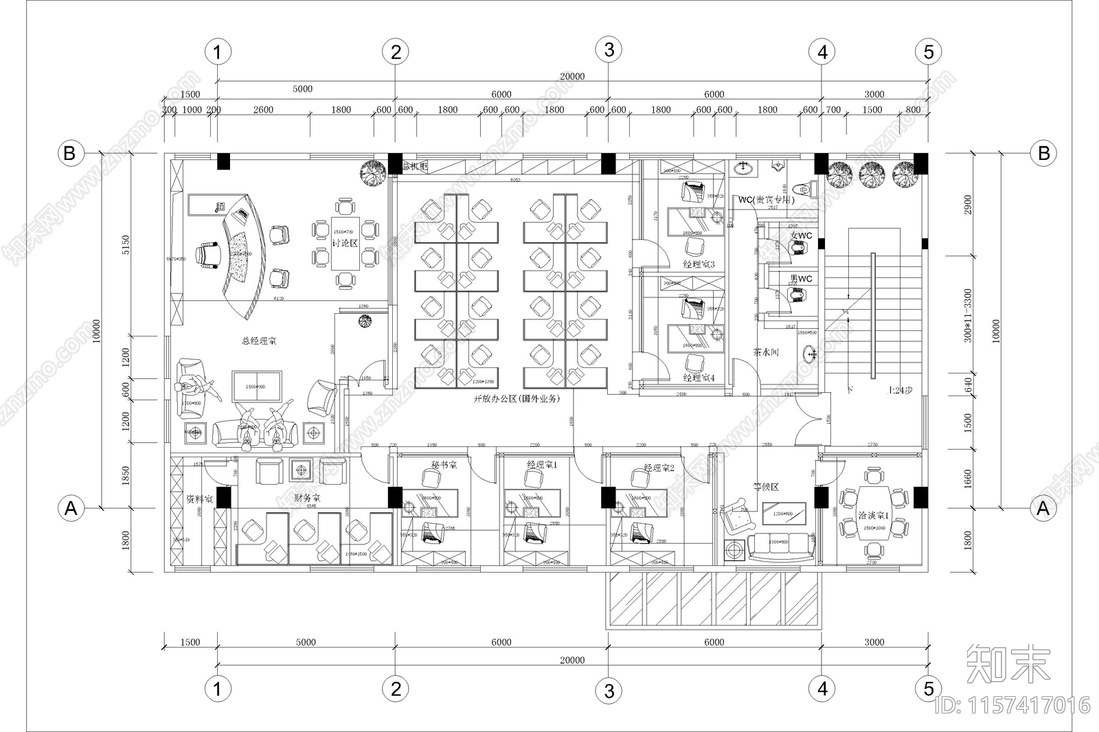 办公室工装家具办公空间平面布局图平面布置图cad施工图下载【ID:1157417016】