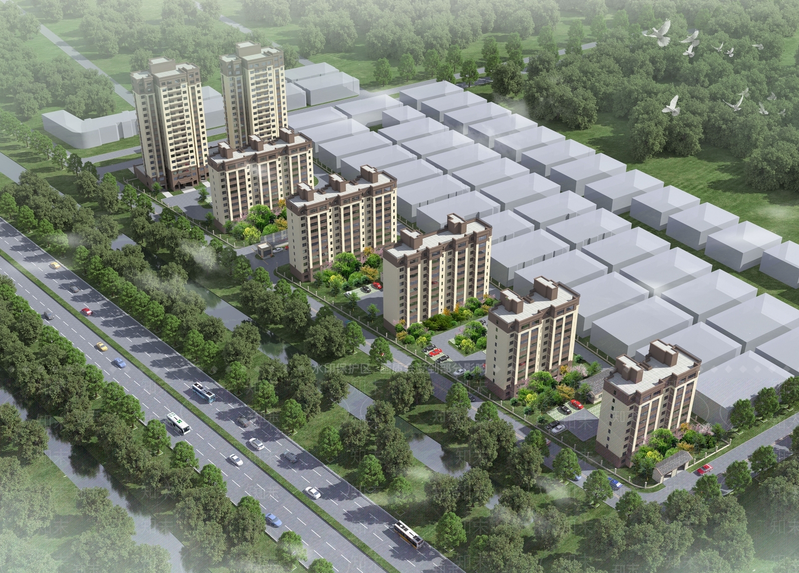 现代小区鸟瞰图高层低层3D模型下载【ID:1157426036】