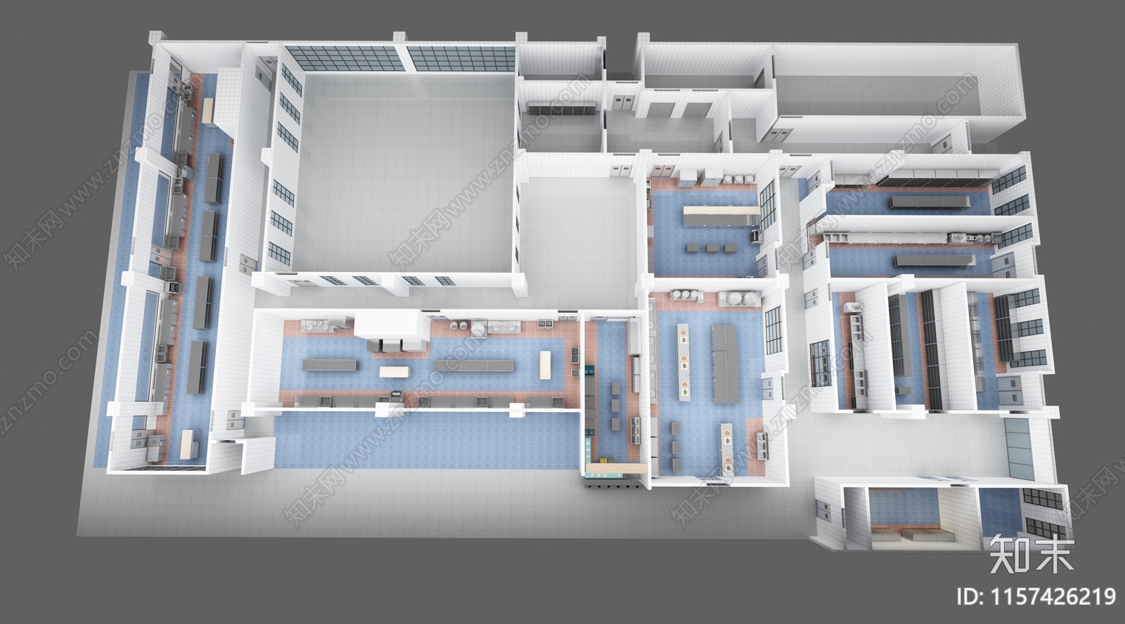 现代学校餐厅后厨鸟瞰3D模型下载【ID:1157426219】