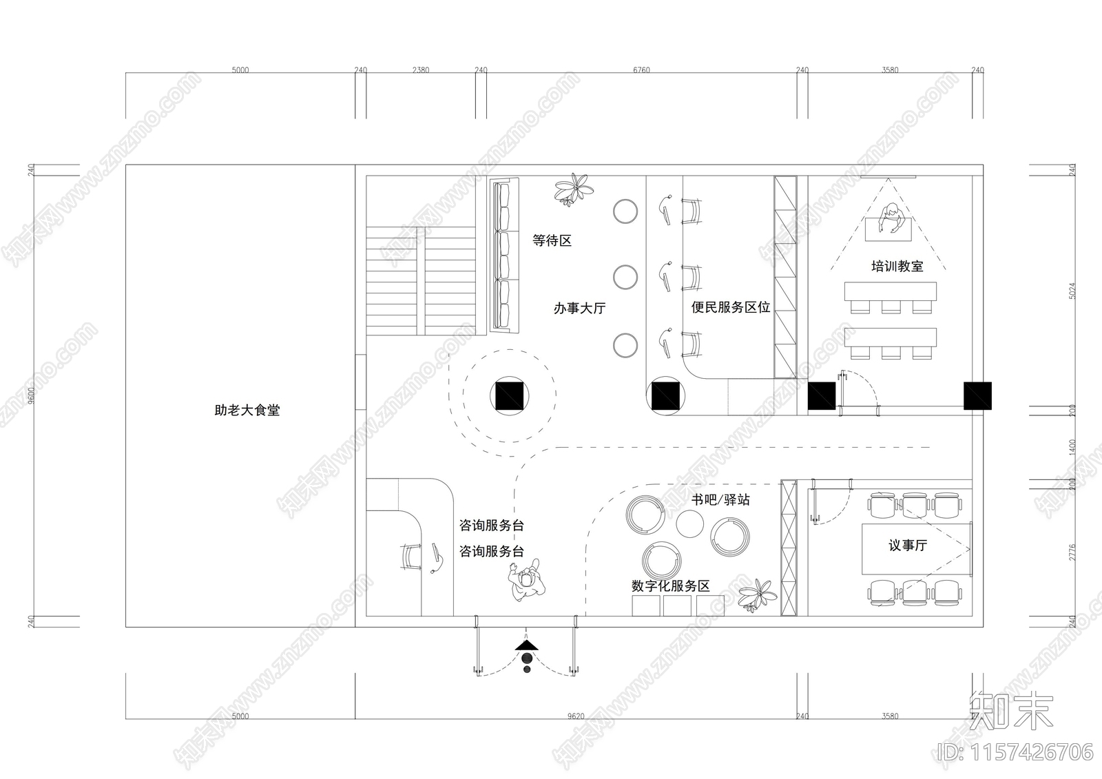 100平社区办公室一层平面布局规划设计施工图下载【ID:1157426706】