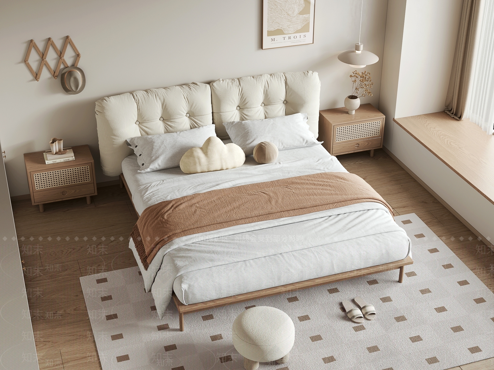 北欧奶油风双人床3D模型下载【ID:1157431692】