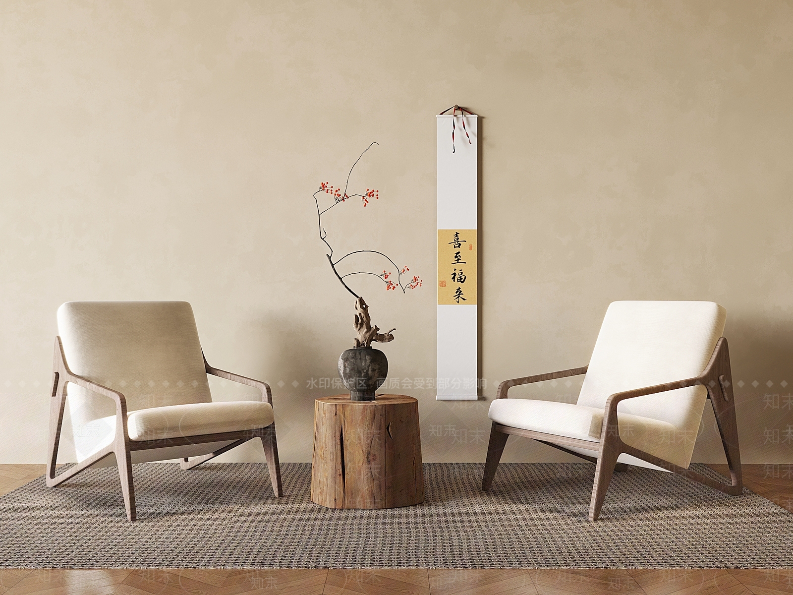 北欧现代中古风新中式实木沙发椅3D模型下载【ID:1157443813】