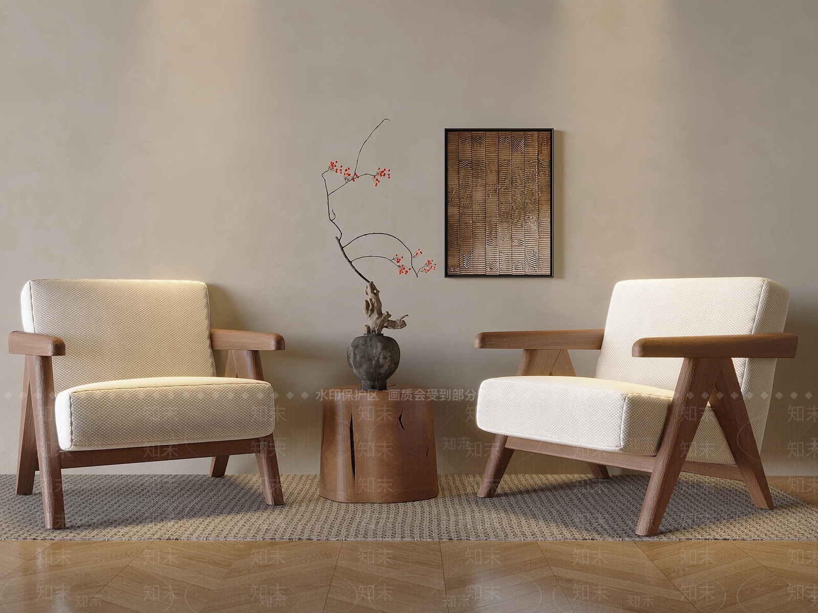 奶油侘寂风实木单人沙发椅3D模型下载【ID:1157445459】