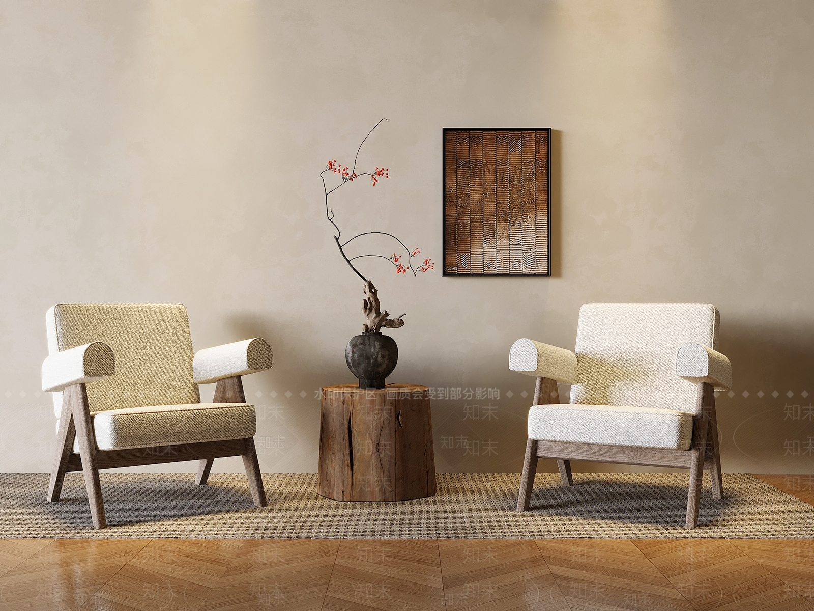 侘寂风猫抓布咖啡厅单人沙发椅3D模型下载【ID:1157452627】