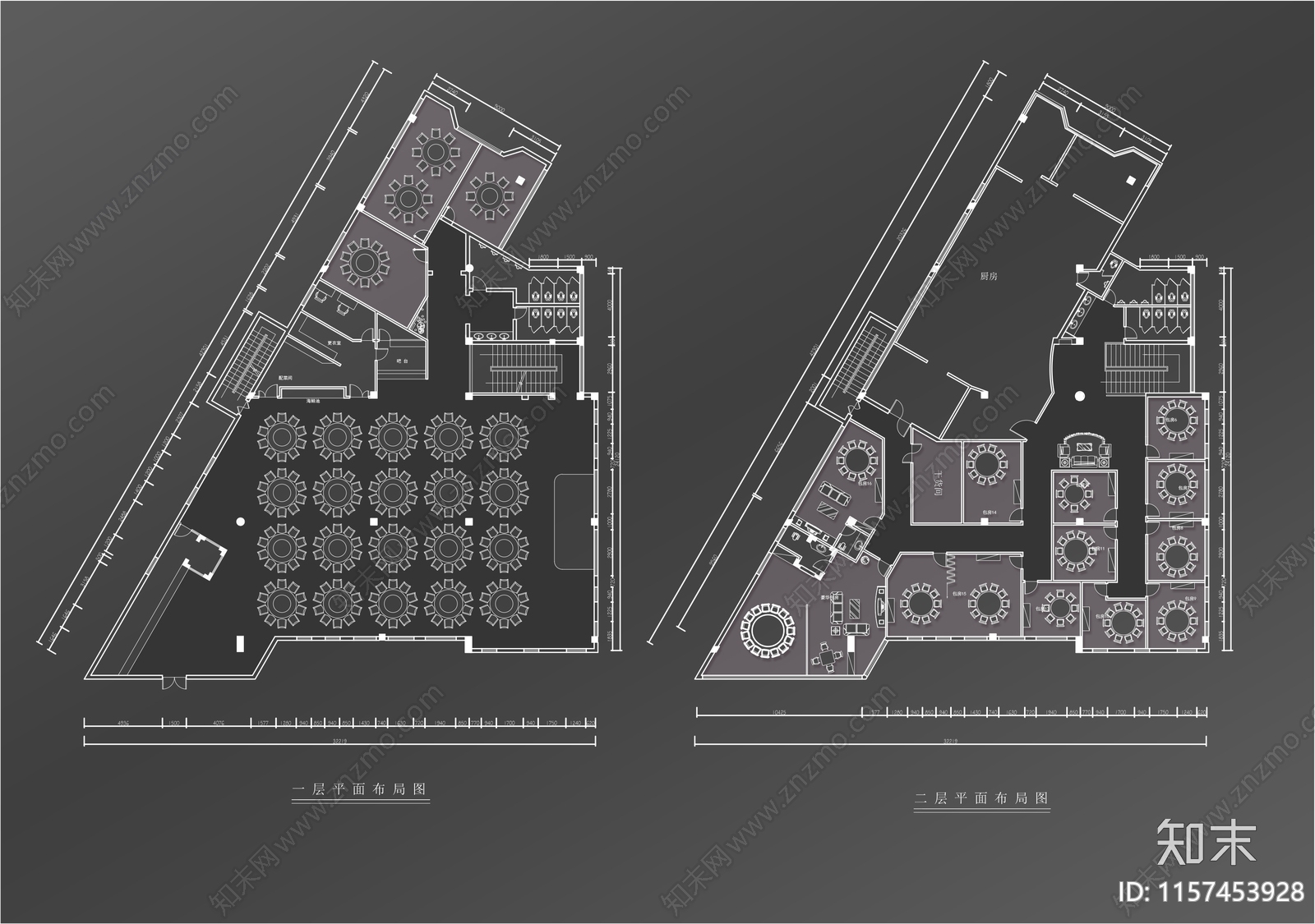 1500㎡两层海鲜酒楼平面布置图施工图下载【ID:1157453928】