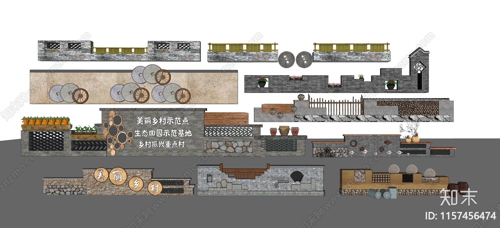 新中式青砖青瓦景墙SU模型下载【ID:1157456474】